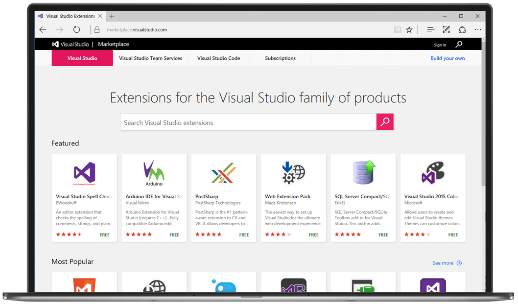 Screenshot of Visual Studio extensions